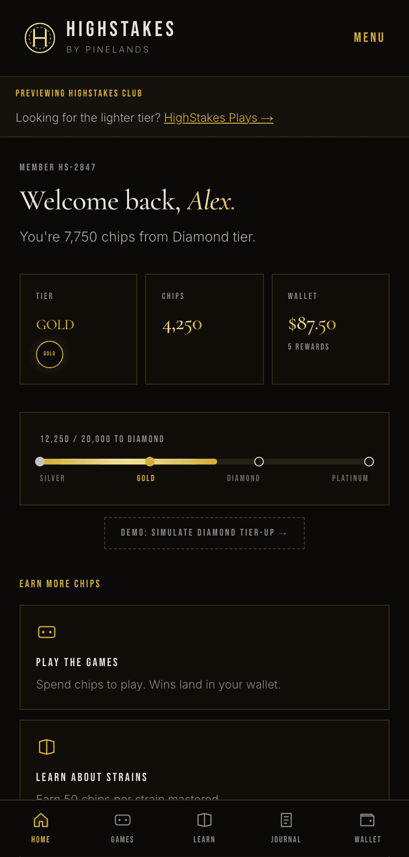 The Club dashboard showing tier status, chip balance, wallet value, and recent activity