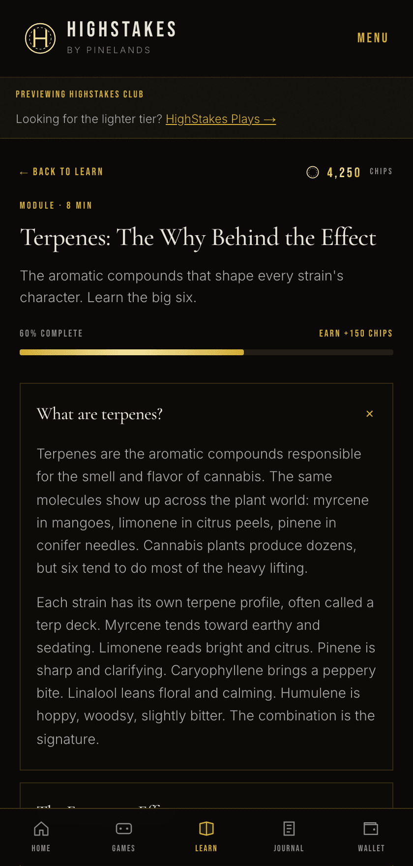 The Terpenes education module with progress bar and section content