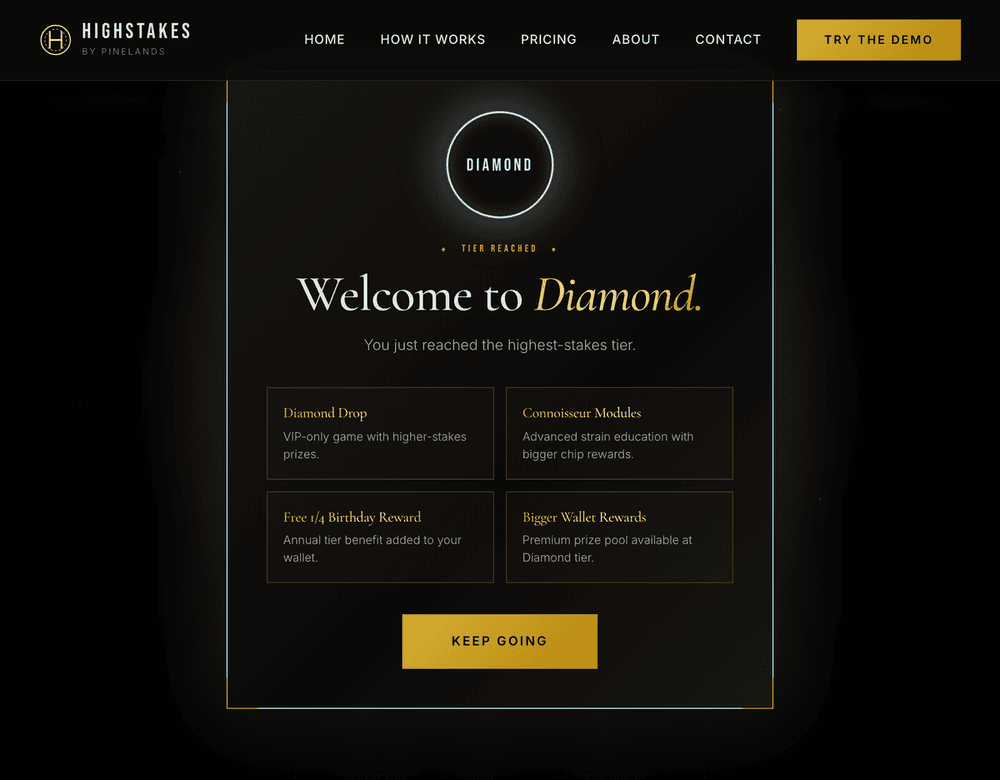 The Diamond tier-up moment with welcome headline and benefit tiles